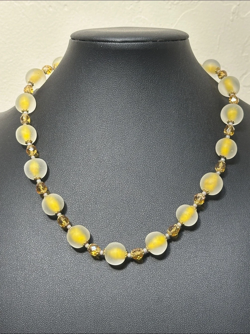 Mid Century Frosted Givre Satin Glass & Faceted Crystal VTG Bead Necklace